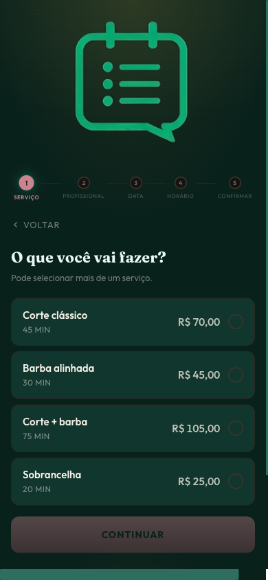 Tela mobile escolhendo o serviço do agendamento
