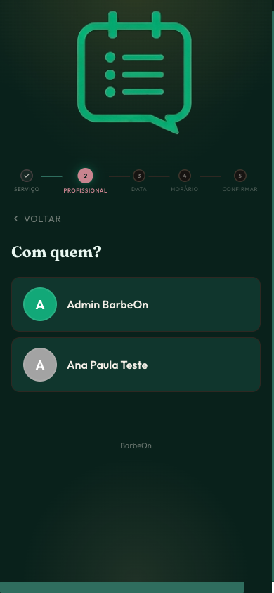 Tela mobile escolhendo o profissional do agendamento