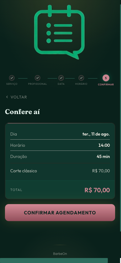 Tela mobile conferindo horário e confirmando o agendamento