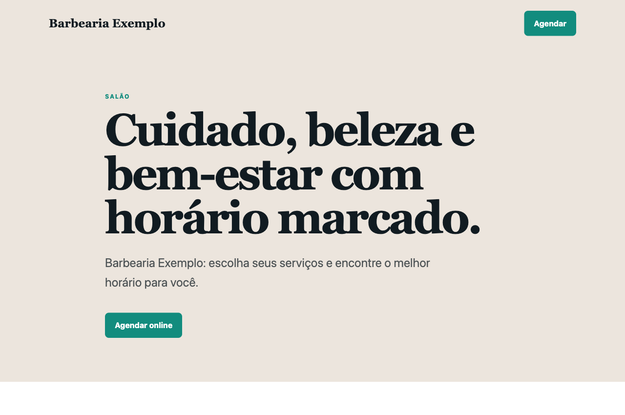 Página institucional pública da Barbearia Exemplo gerada pelo produto
